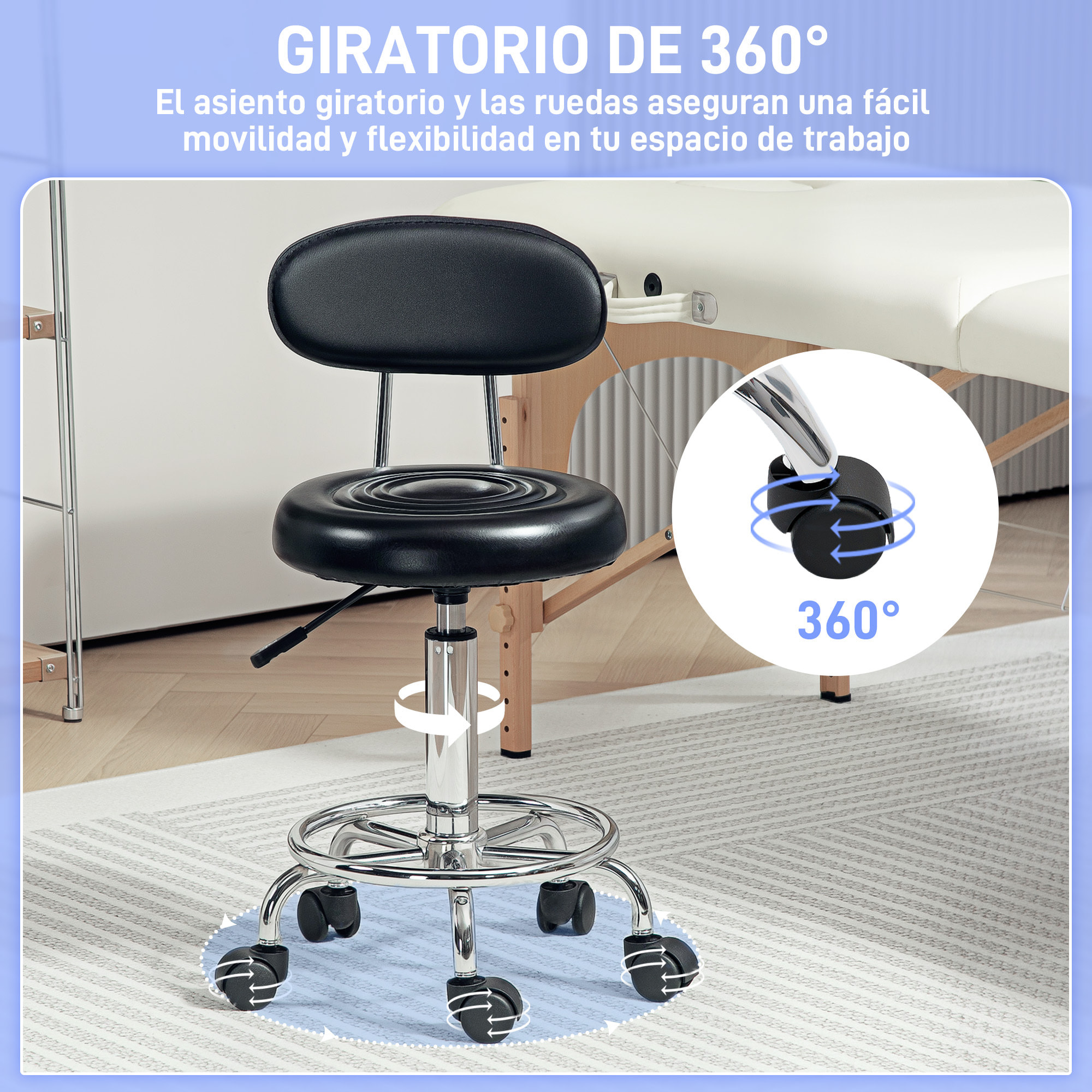 Taburete Giratorio Taburete con Ruedas y Respaldo Taburete de Trabajo con Altura Regulable 70-86 cm Asiento Tapizado de Cuero Sintético Negro