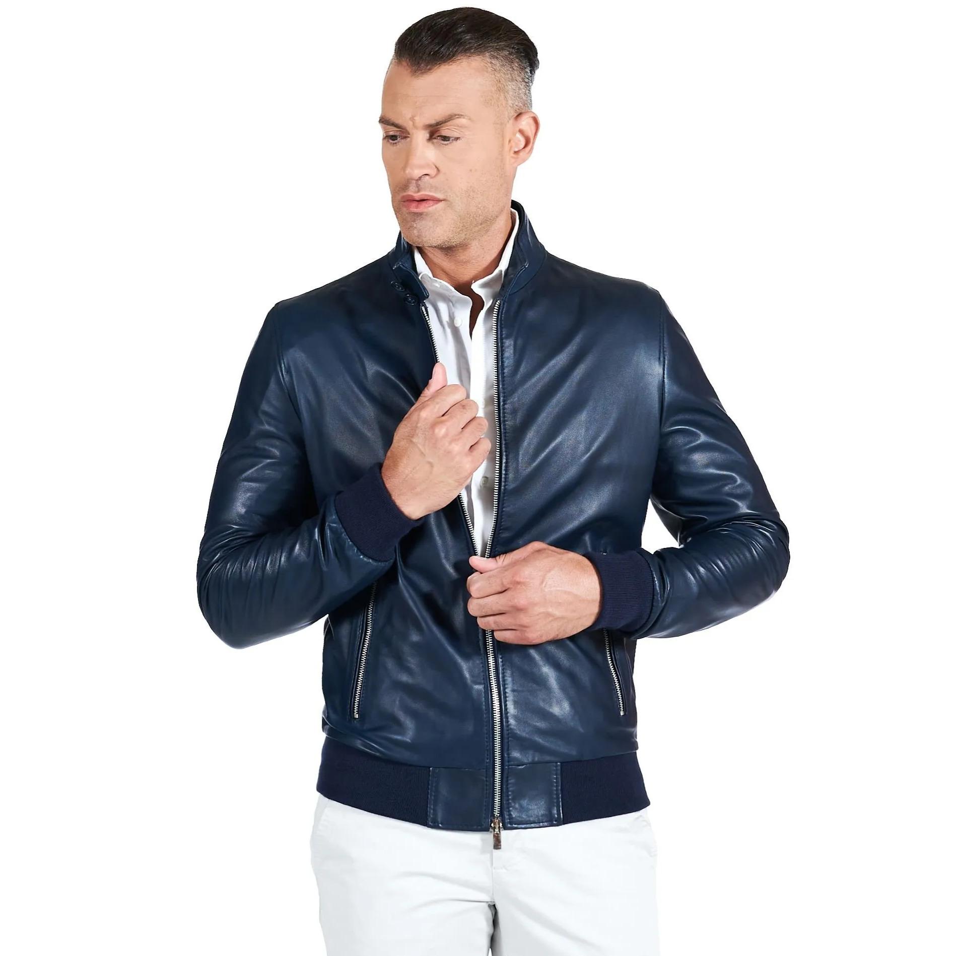 Giubbotto Bomber in pelle nappa blu colletto con bottoni