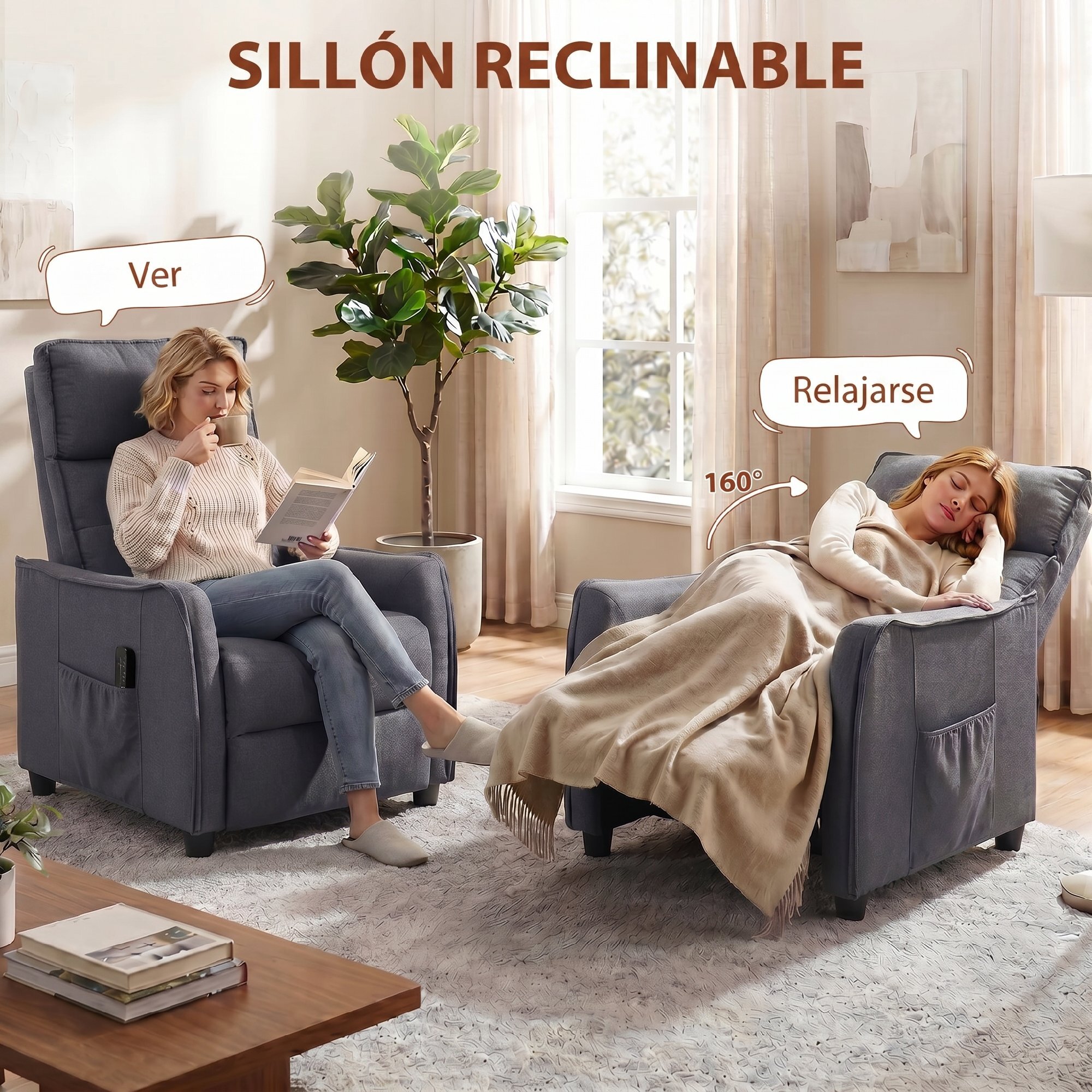Sillón de Masaje, Sillón Relax Reclinable 160° con Mando a Distancia, Reposapiés, 2 Zonas de Masaje, Asiento de Muelles, Bolsillos, Tapizado en Lino Transpirable para Salón, 69x93x104 cm, Gris