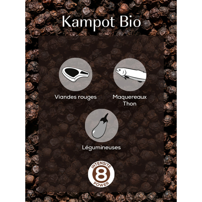 Poivre noir bio du Cambodge, 60g - 3 sachets fraicheur de 20g Kampot Bio