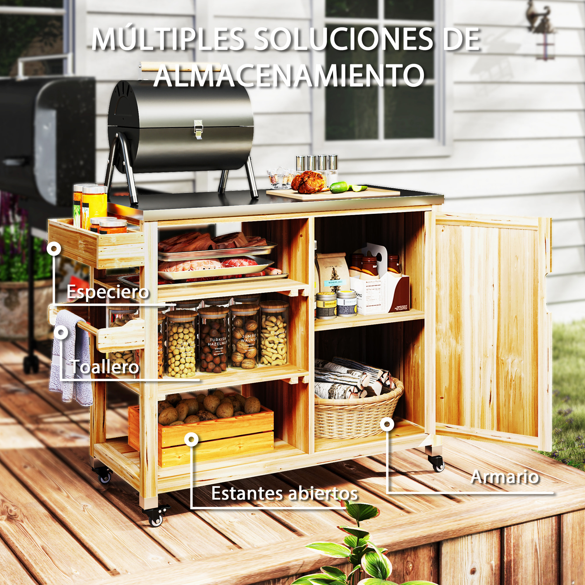 Carrito de Parrilla Carrito de Barbacoa de Madera Carro de Servicio con 4 Ruedas Estantes Armario Encimera de Acero Inoxidable Toallero y Especiero para Jardín Patio 134,5x50x91,5 cm Natural