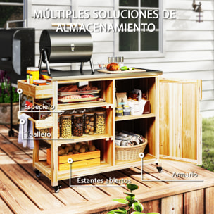 Carrito de Parrilla Carrito de Barbacoa de Madera Carro de Servicio con 4 Ruedas Estantes Armario Encimera de Acero Inoxidable Toallero y Especiero para Jardín Patio 134,5x50x91,5 cm Natural