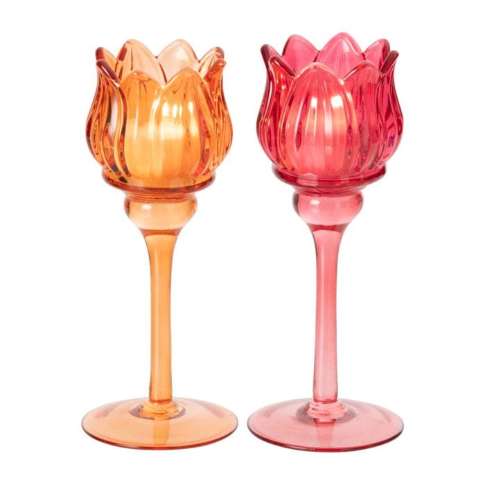 J-Line photophore sur base tulipe - verre - orange/fuchsia - small - assortiment de 2