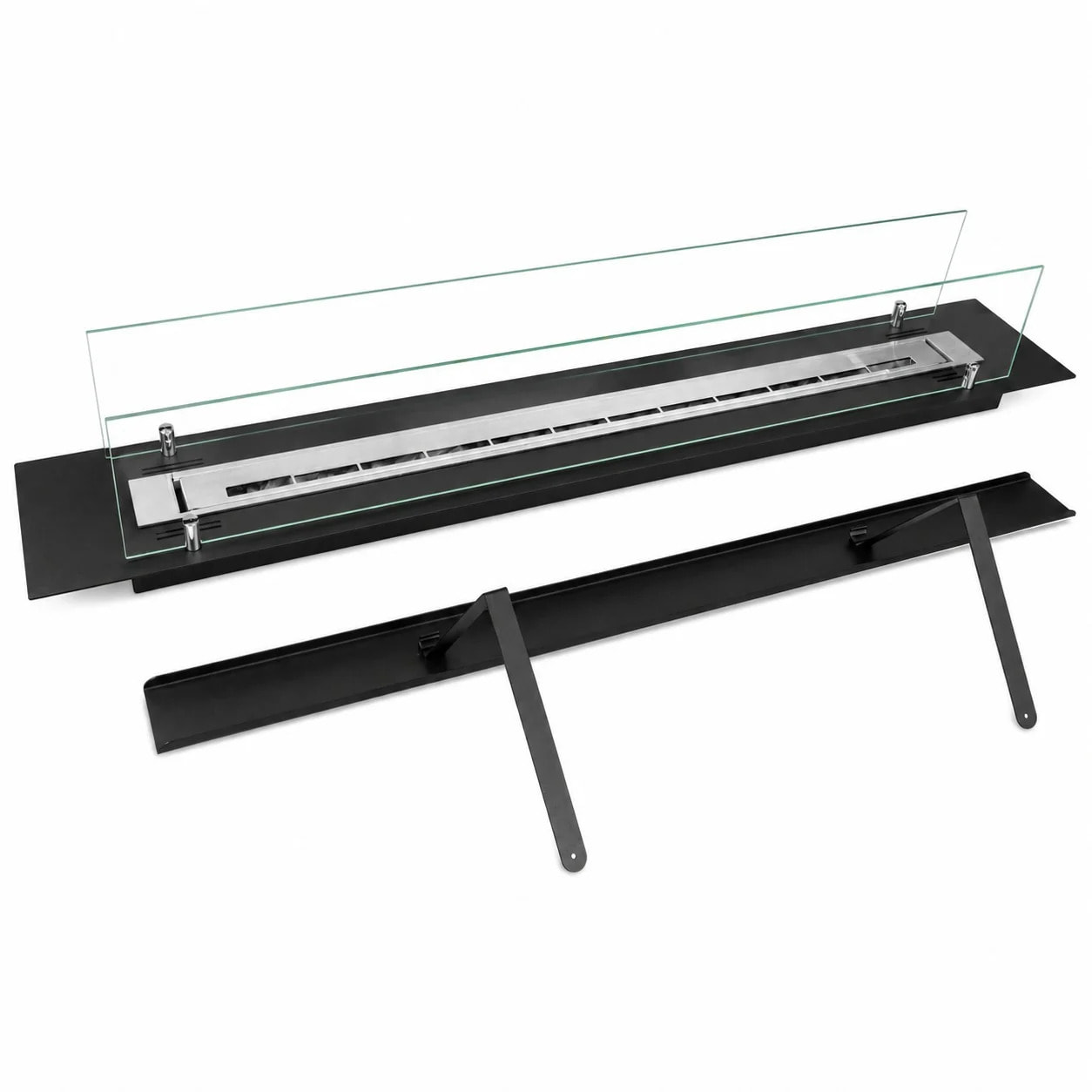 Bruciatore Per Camino A Bioetanolo 119x21x19,4 cm Da Incasso 2lt con Vetri in Cristallo e Acciaio Inox