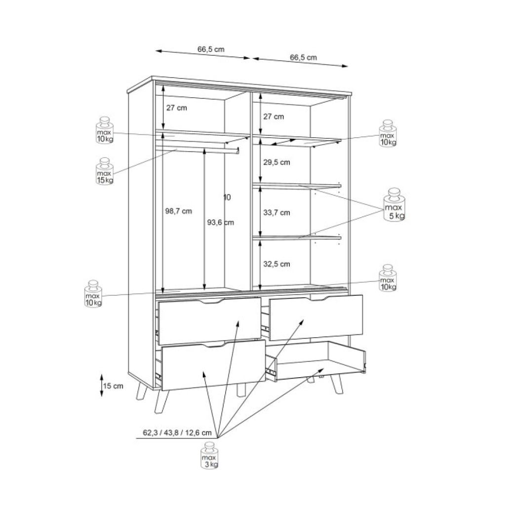 Armoire 2 portes 4 tiroirs effet bois chêne naturel et blanc mat - WANDA