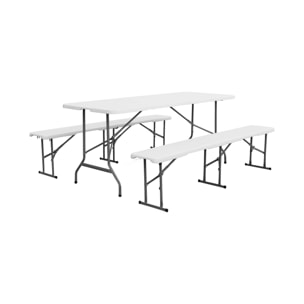 Set de table et bancs de réception. 180cm. pliables. avec poignée de transport. plastique blanc. table de camping