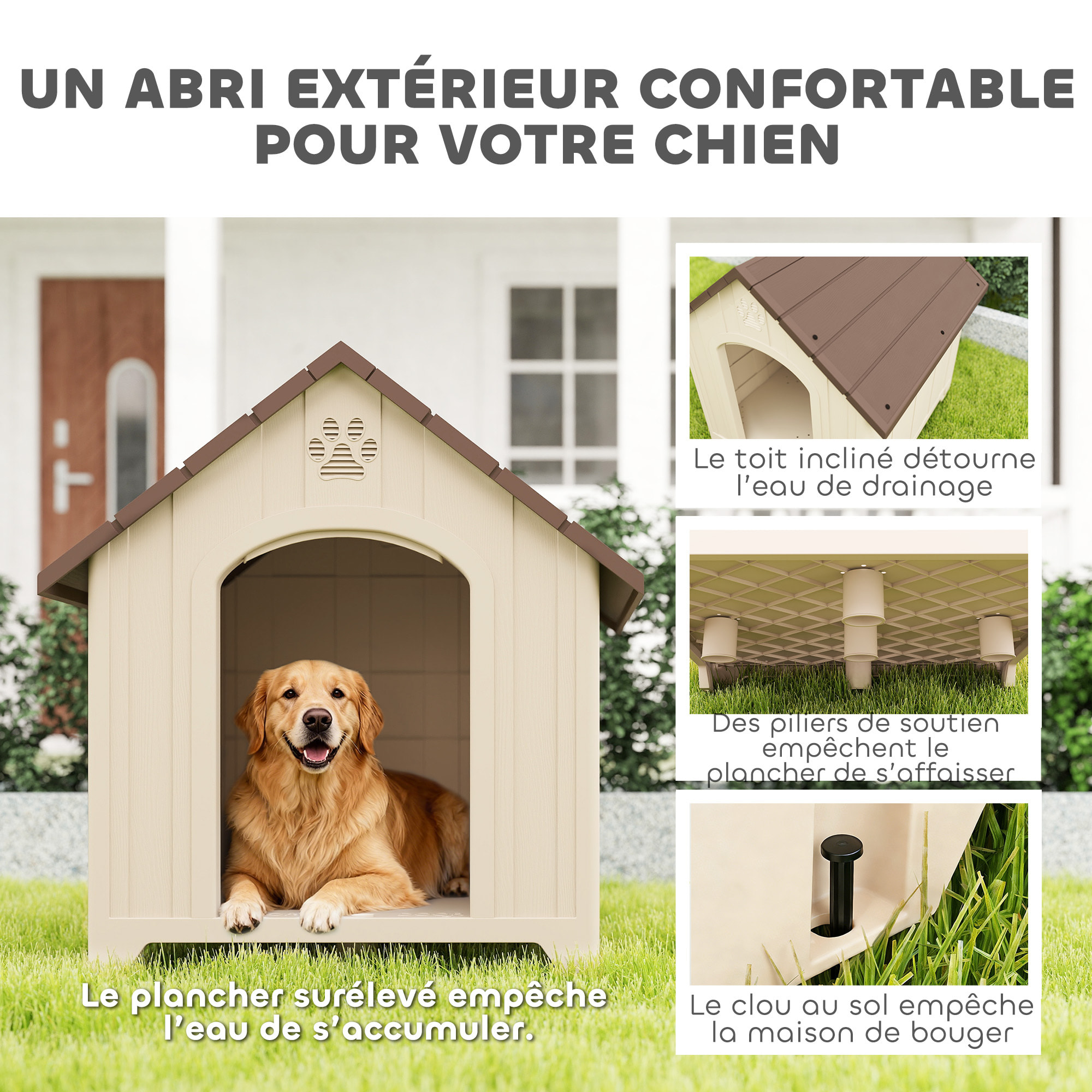 Niche chien plastique effet bois design chalet - 88 x 79 x 89 cm - beige marron