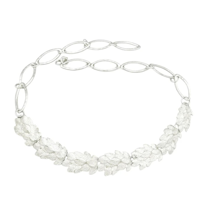 Cinturon Roma con hojas 3D y cadena fundición en zamak plata chapado