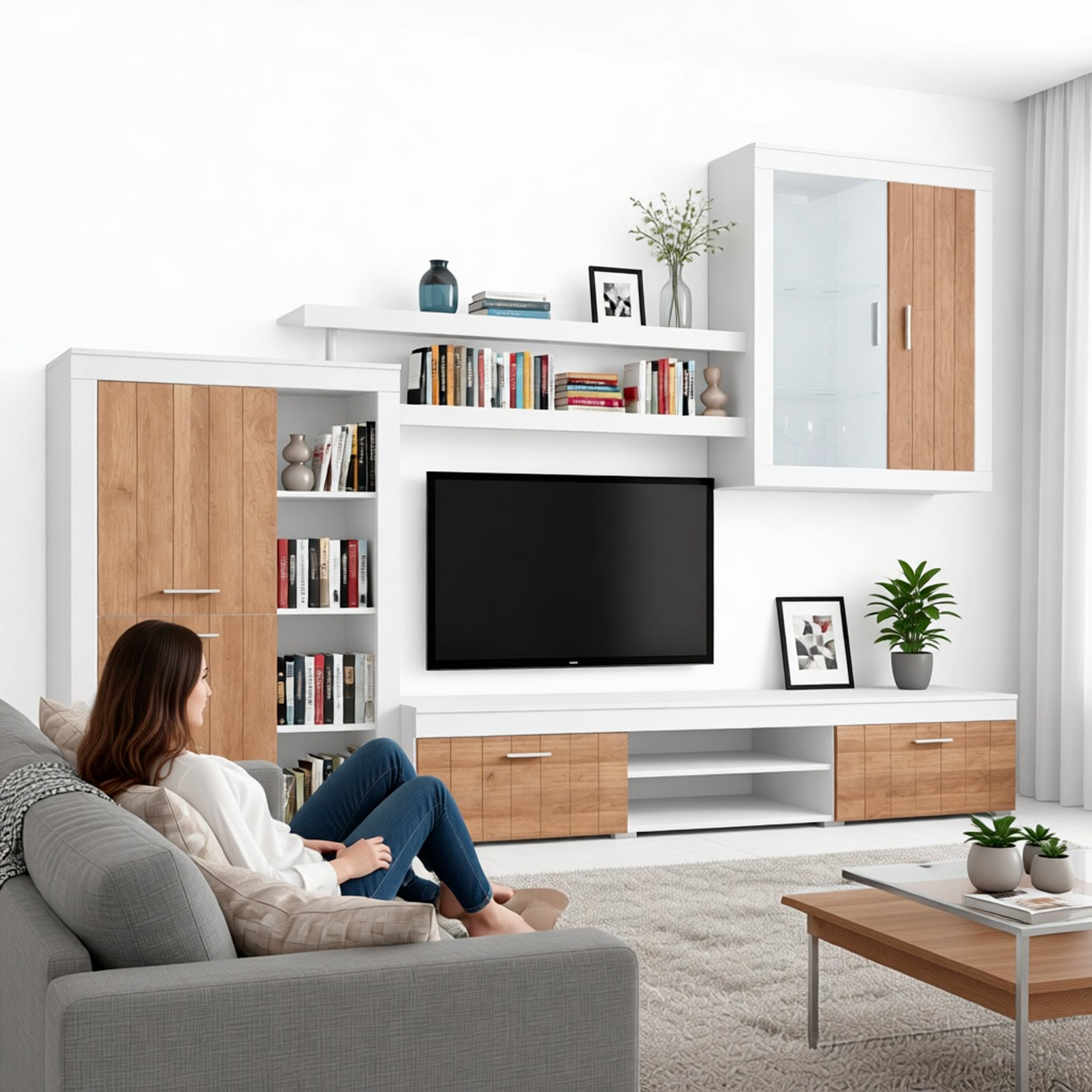 Parete Attrezzata Da Soggiorno Salotto Moderna Con Ante Mensole Vani A Giorno Vetrinetta Mobile TV Design Moderno 293 x 193 x 50 Cm Bianco E Noce