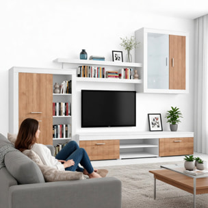 Parete Attrezzata Da Soggiorno Salotto Moderna Con Ante Mensole Vani A Giorno Vetrinetta Mobile TV Design Moderno 293 x 193 x 50 Cm Bianco E Noce