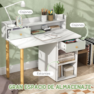 Juego de Escritorio y Silla para Niños de +3 Años Pupitre Infantil con Cajones Compartimento y Estantes para Dormitorio Sala Estudio Verde y Blanco