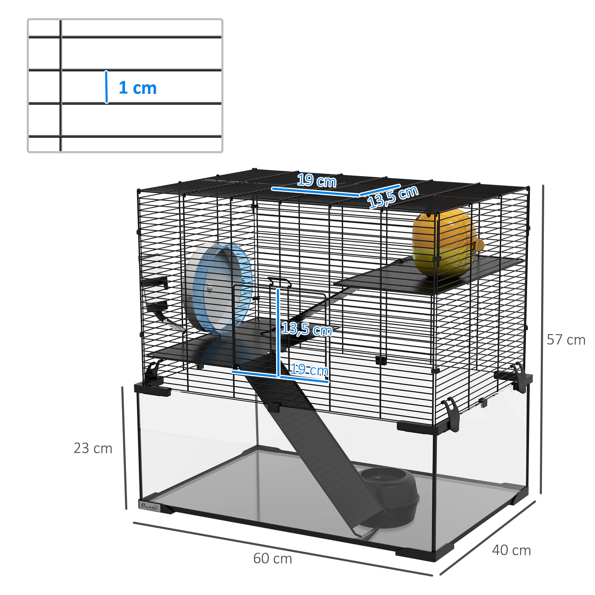 Cage rongeur hamster, 3 niveaux avec roue, rampes, maisonnette, abreuvoir, mangeoire, 60L x 40l x 57H cm, noir