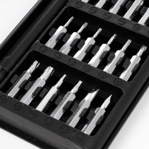 Juego de destornillador 24 en 1 con cuerpo plástico, carcasa con apertura por deslizamiento y puntas de acero.