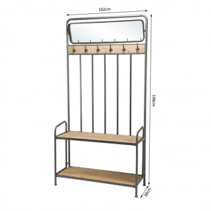 DORIANE - Meuble d'entrée porte-manteau bois Sapin et métal avec miroir 2 étagères