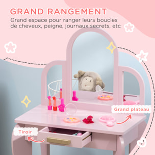 Coiffeuse enfant design girly - tabouret inclus - dim. 52L x 32l x 85H cm - tiroir, 3 miroirs - MDF bois de pin - rose poudré