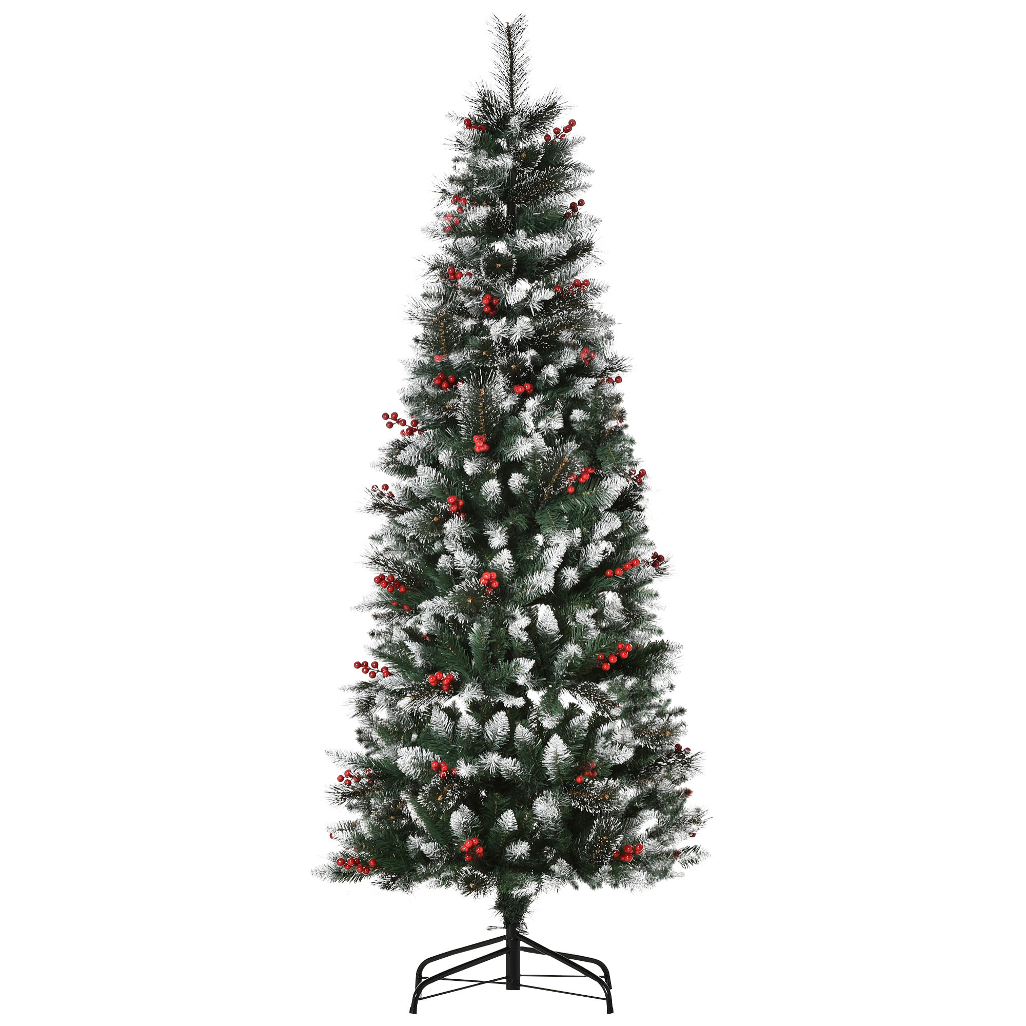 HOMCOM árbol de Navidad Artificial con Nieve 180 cm Ignífugo con 539 Ramas 51 Bayas Hojas de PVC Base Plegable y Soporte Metálico Decoración Navideña para Interiores Verde