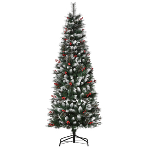 HOMCOM árbol de Navidad Artificial con Nieve 180 cm Ignífugo con 539 Ramas 51 Bayas Hojas de PVC Base Plegable y Soporte Metálico Decoración Navideña para Interiores Verde