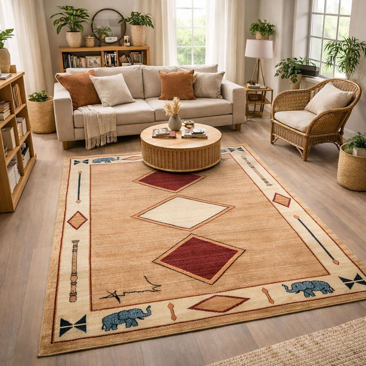 Tapis Tevu rouge et beige aux motifs géométriques d'inspiration Kazak
