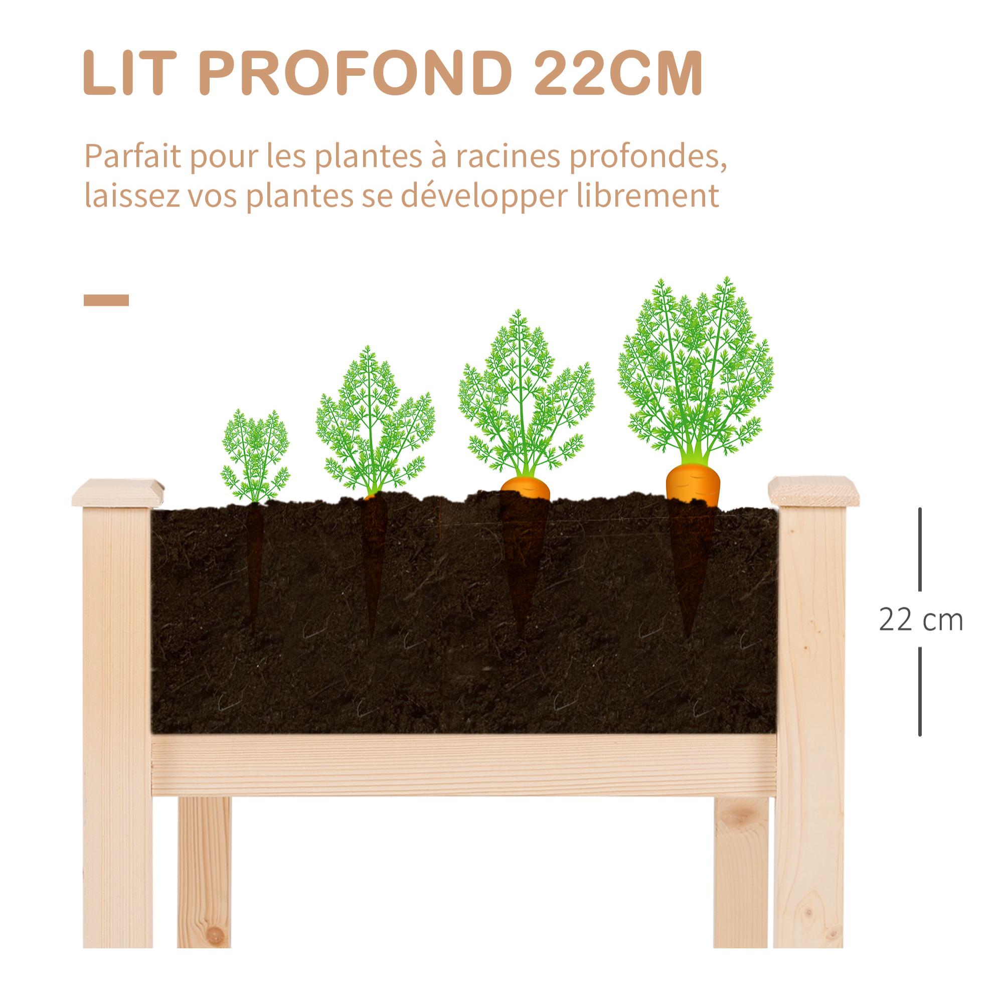 Jardinière sur pieds potager dim. 122L x 56l x 76H cm inserts d'irrigation + feutre de drainage inclus bois massif sapin