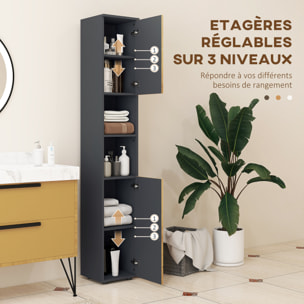 Meuble colonne rangement salle de bain style cosy 2 portes 2 étagères 2 niches anthracite aspect bois