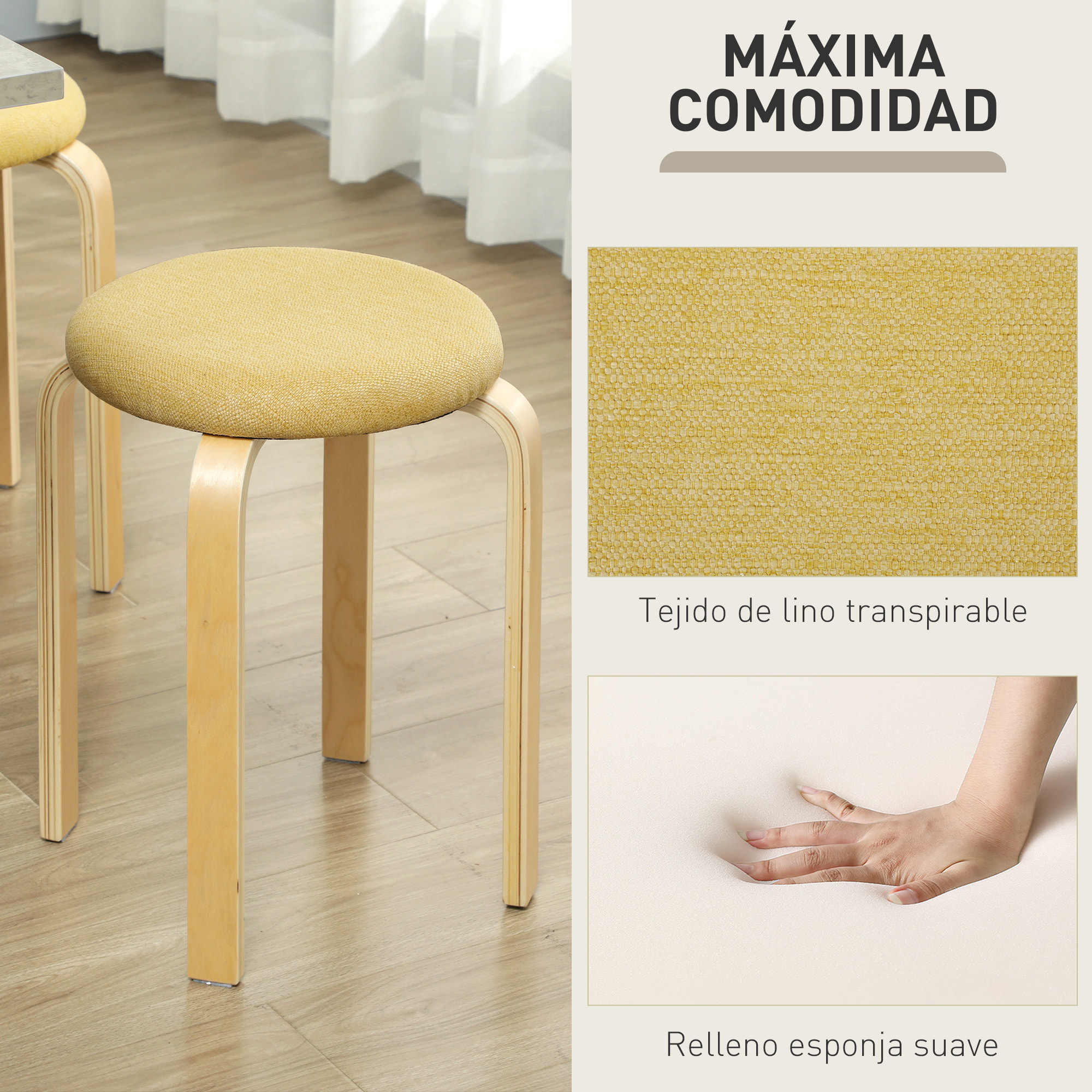 Juego de 4 Taburetes Apilables Redondos Taburetes Bajo de Cocina con Asiento Acolchado para Comedor Dormitorio Oficina Salón Amarillo y Natural