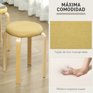 Juego de 4 Taburetes Apilables Redondos Taburetes Bajo de Cocina con Asiento Acolchado para Comedor Dormitorio Oficina Salón Amarillo y Natural