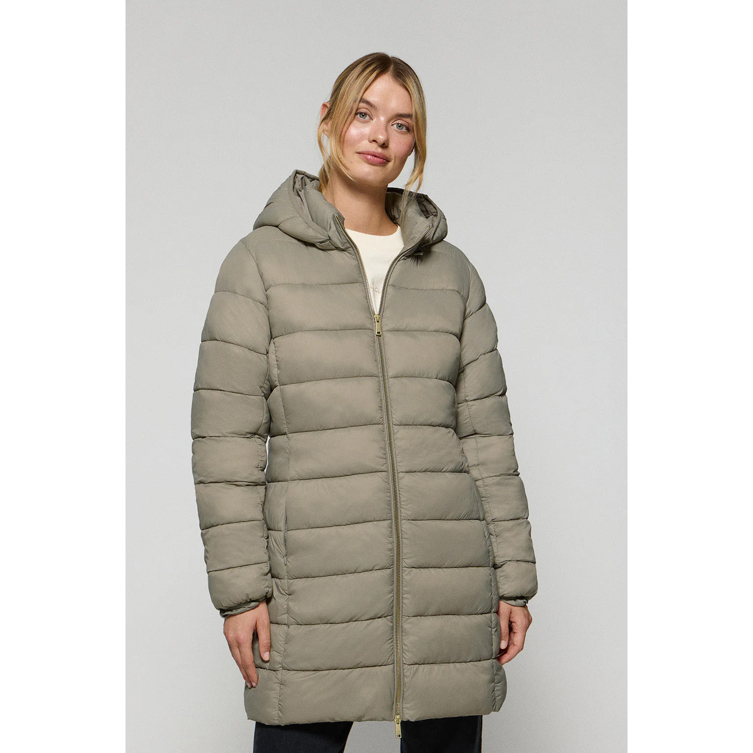 Giubbotto ultralight Cecilia grigio talpa con cappuccio rimovibile e ricamo PC