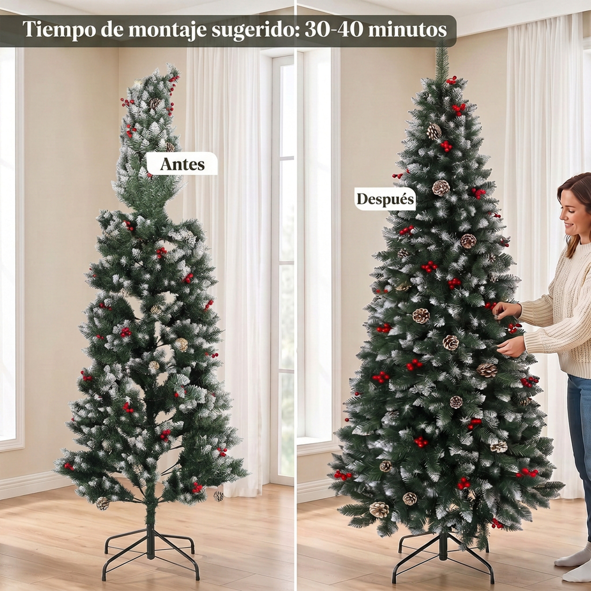 HOMCOM Árbol de Navidad Lápiz 210 cm, Árbol de Navidad Artificial Nevado con 818 Ramas, Bayas Rojas, Piñas, Base Metálica Plegable, Apertura Automática, Decoración Navideña para Salón, Interior, Verde