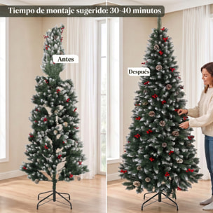 HOMCOM Árbol de Navidad Lápiz 210 cm, Árbol de Navidad Artificial Nevado con 818 Ramas, Bayas Rojas, Piñas, Base Metálica Plegable, Apertura Automática, Decoración Navideña para Salón, Interior, Verde