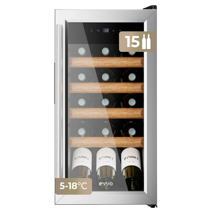 EVVO Vinoteca para 15 botellas VT15 Inox, compresor de alto rendimiento, 5–18ºC regulable, silenciosa 41 dB, panel táctil, luz LED interior