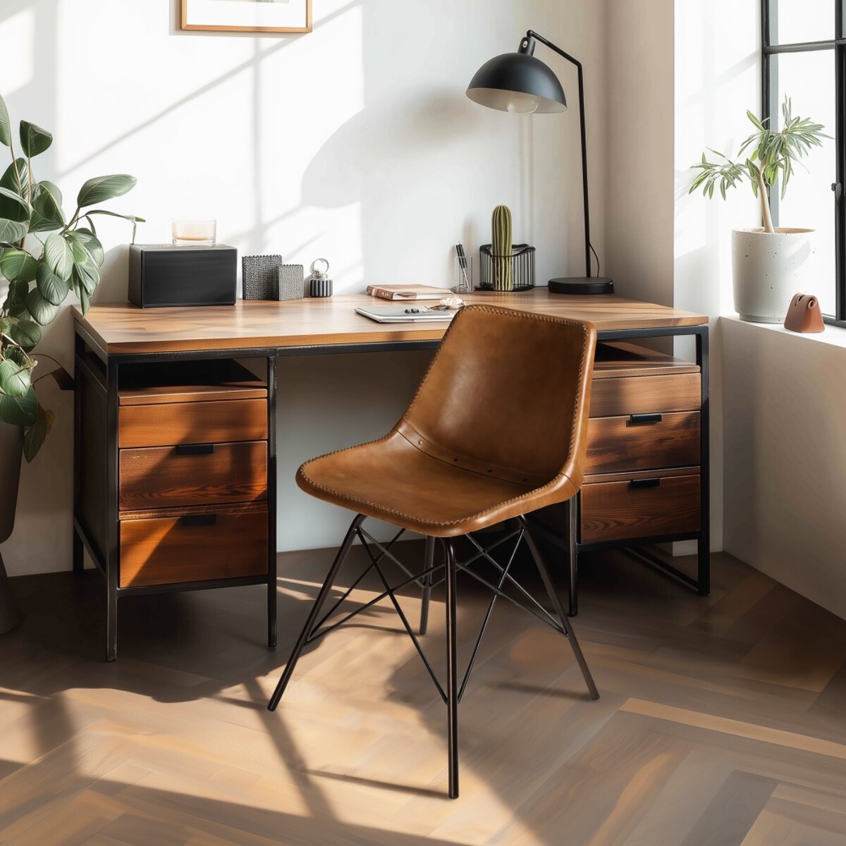 MARCEL - Lot de 2 chaises en cuir marron et pieds acier