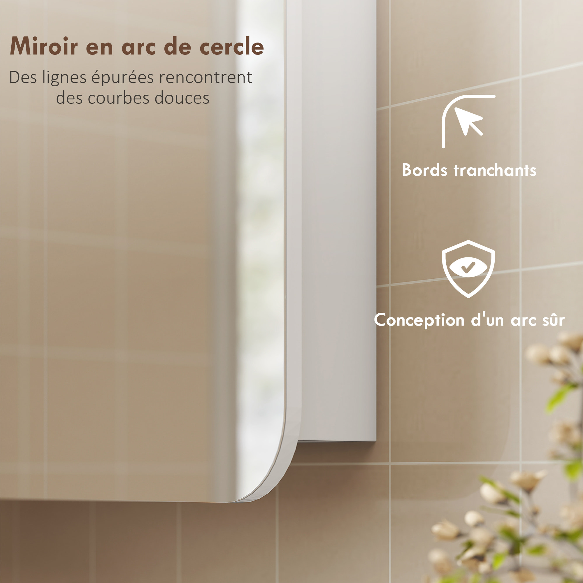 Armoire miroir murale salle de bain design arqué 2 portes dim. 68 x 13 x 66 cm blanc