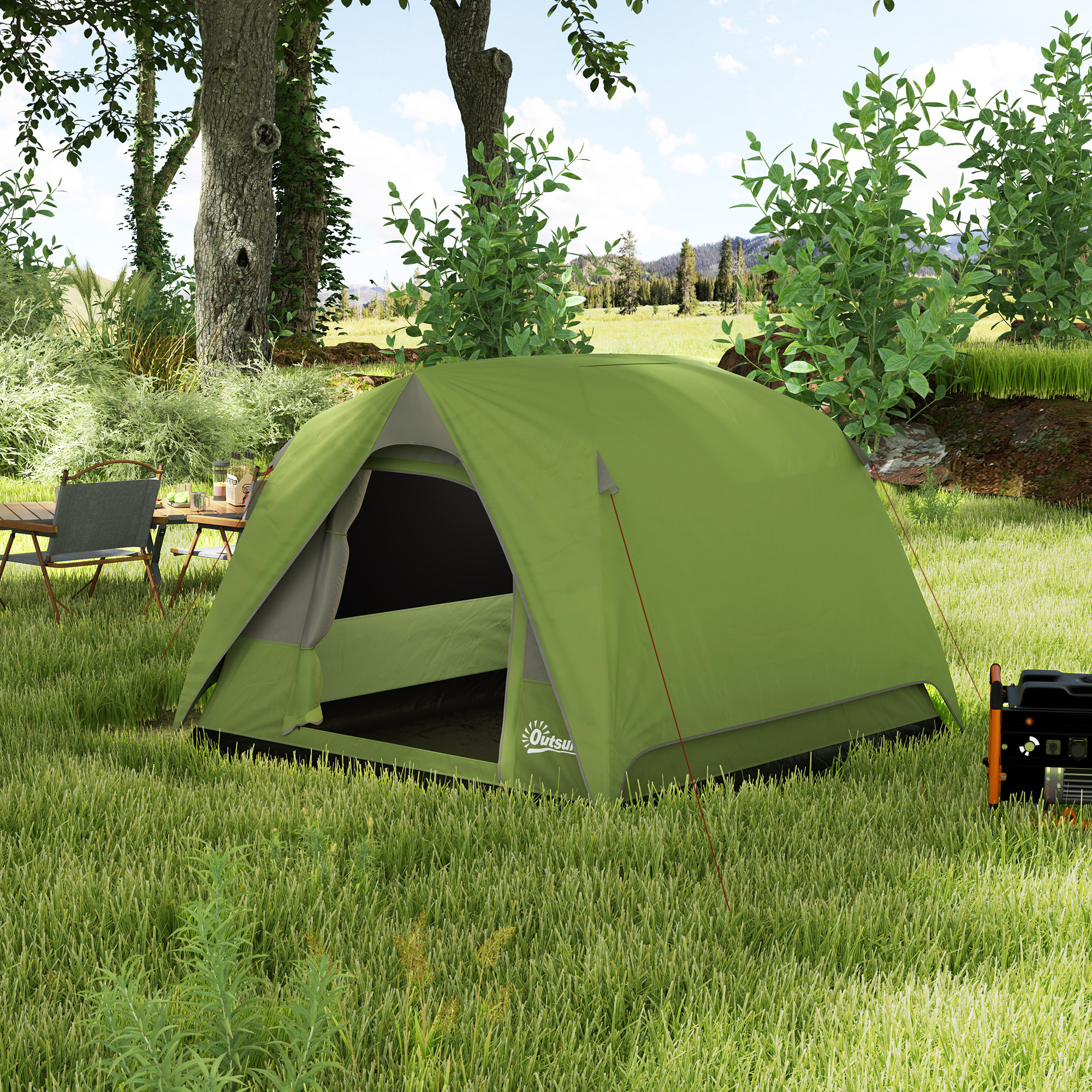 Tente de camping 2-3 personnes fenêtres, poche, sac de transport et crochet imperméabilité 3000 mm vert olive