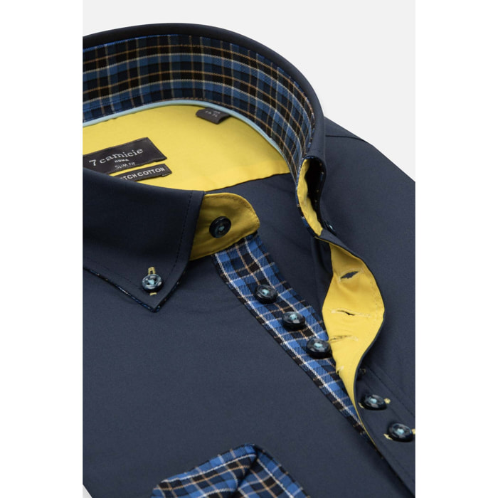 Camicia Uomo 1 Bottoni Button Down Slim Popeline Stretch Unito Blu
