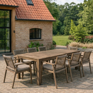 Ensemble table et 8 fauteuils de jardin en bois d'acacia et corde EDEN