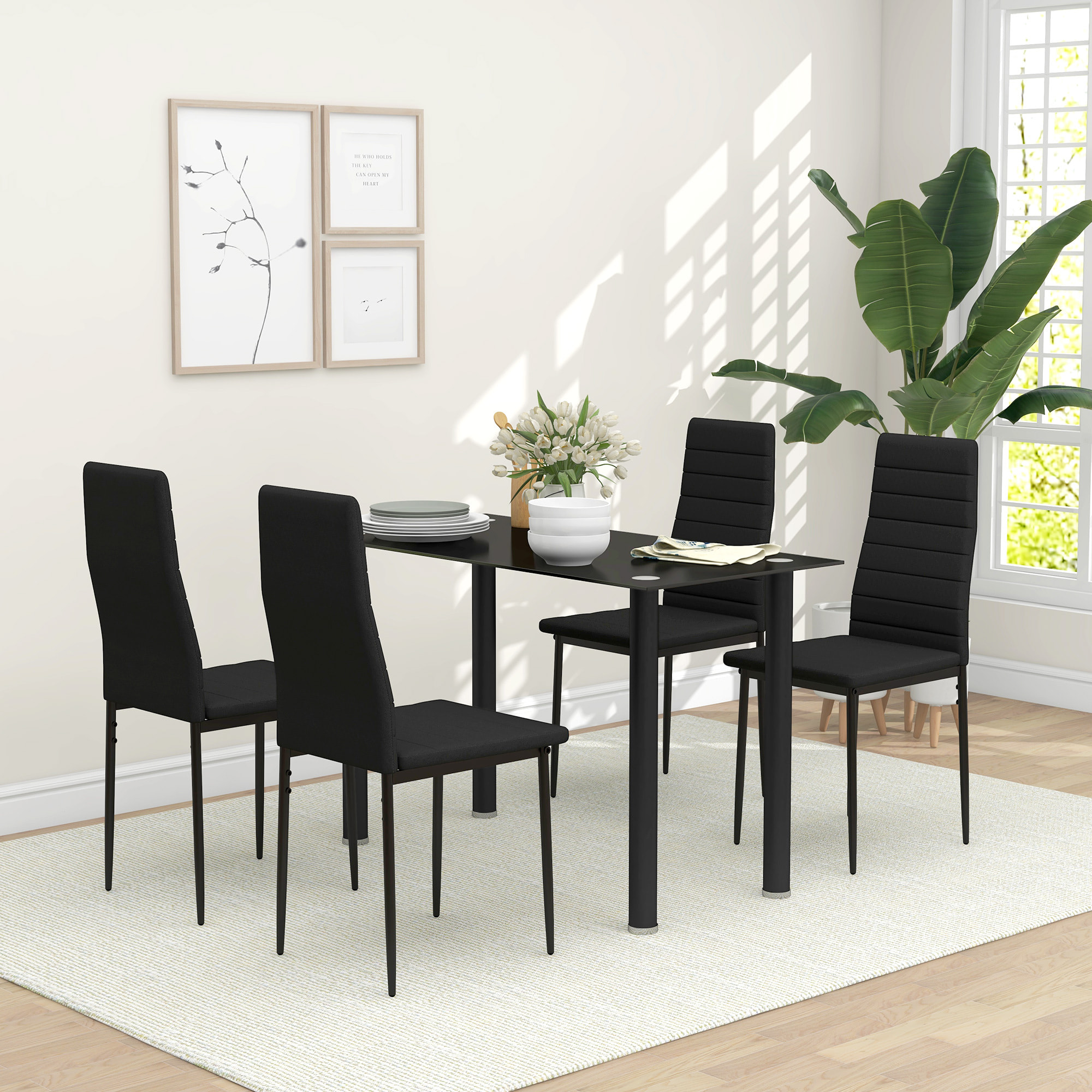 Conjunto de Comedor 5 Piezas Juego de 1 Mesa con Tablero de Vidrio Templado y 4 Sillas Tapizadas en Lino Estilo Moderno para Cocina 120x60x75 cm 41x50x97 cm Negro