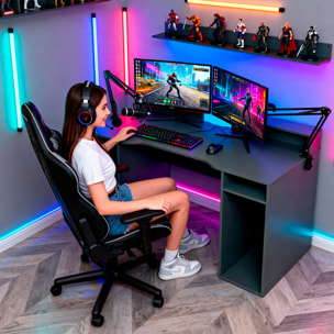 Scrivania Gaming Con Ripiani Porta PC E Supporto Monitor Con Passacavi Tavolo Gamer Reversibile Ampio Piano Setup 136 x 67 x 88 Cm Grigio Antracite