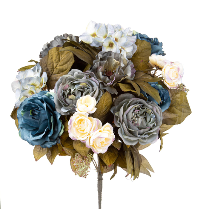 Bouquet Composta Da Rose E Ortensie. Altezza 34 Cm - Pezzi 1 - 18X34X18cm - Colore: Blu - Bianchi Dino - Fiori Artificiali