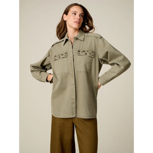 Oltre - Camicia over in cotone con castoni - Verde