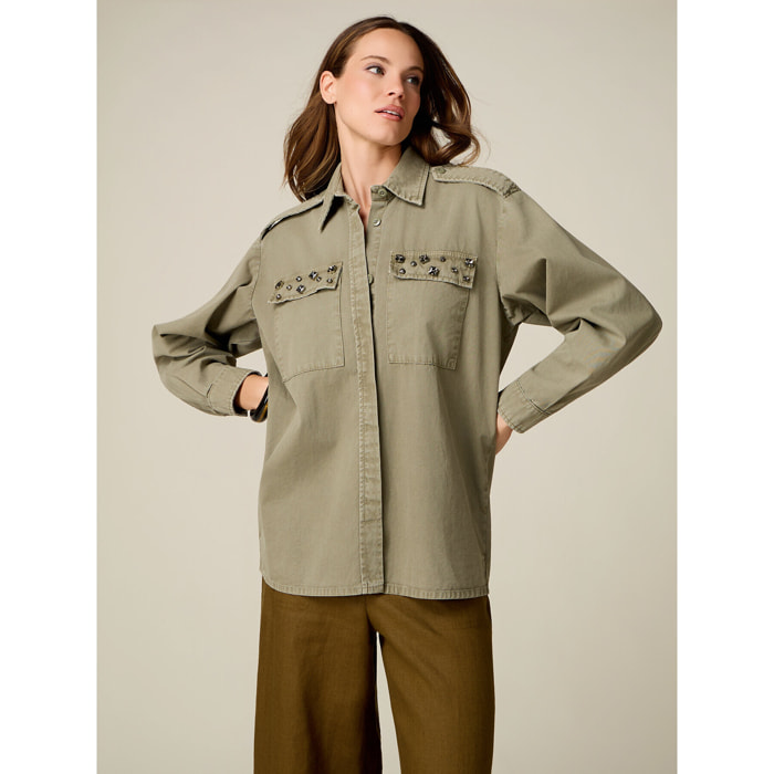 Oltre - Camicia over in cotone con castoni - Verde