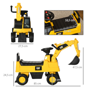 Excavadora con Licencia Caterpillar Excavadora Correpasillos para Niños de 1-3 Años con Asiento de Almacenamiento Pala Delantera y Bocina Carga 25 kg 85x27,5x47,5 cm Amarillo