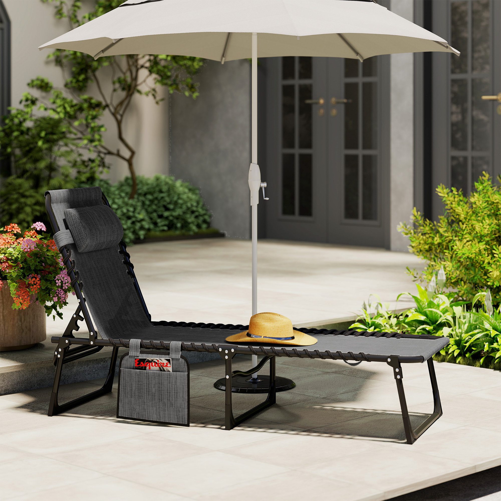 Bain de soleil transat pliable dossier inclinable acier époxy noir lacets élastiques textilène gris chiné