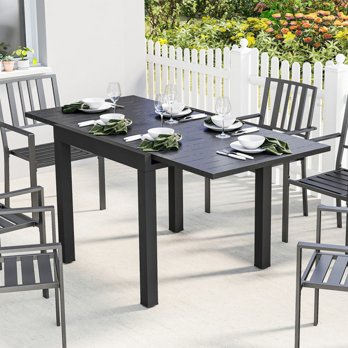 Mesa de Jardín Extensible 80/160x80 cm, Mesa de Comedor Exterior Extensible Rectangular de Aluminio, con Superficie de Lamas de Efecto Madera, para 4-6 Personas, para Patio, Terraza, Negro