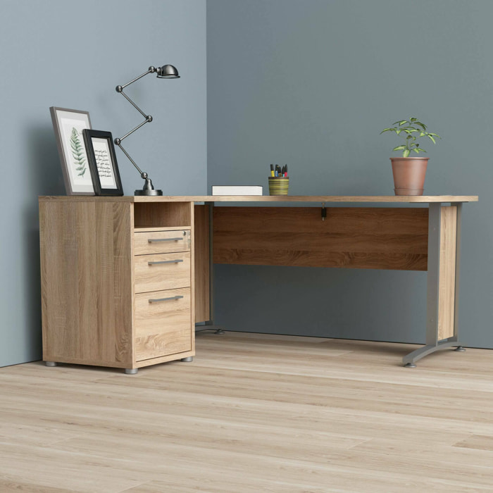 Scrivania Alfango, Scrittoio multiuso, Tavolo per ufficio porta PC, Piano di lavoro, 159x151 h75 cm, Grigio e Quercia