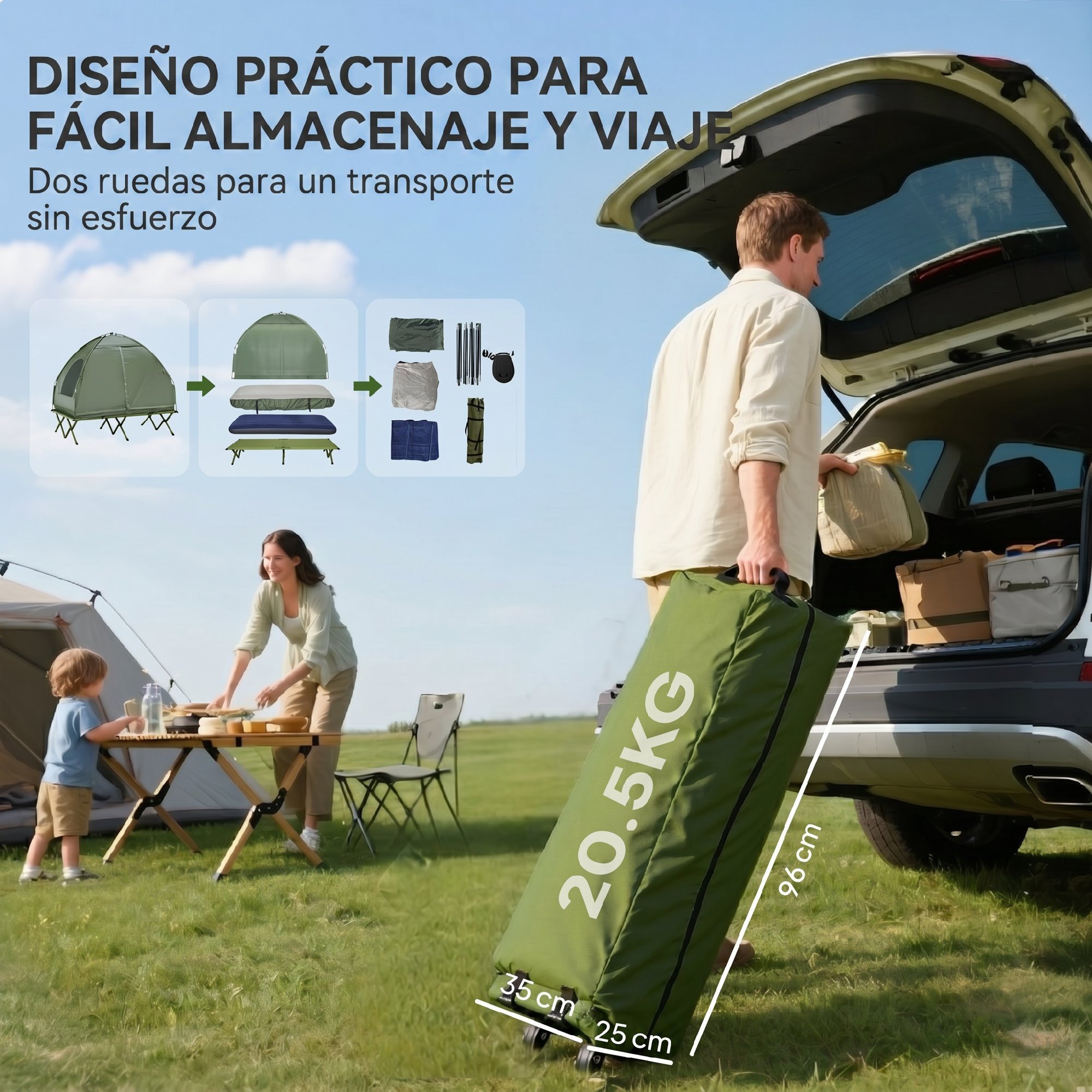 Outsunny Tienda de Campaña con Cama Doble Plegable 4 en 1 Cama de Campamento Elevada con Colchón Hinchable y Bolsa de Transporte de Tela Oxford 600D Acero 193x145x180 cm Verde