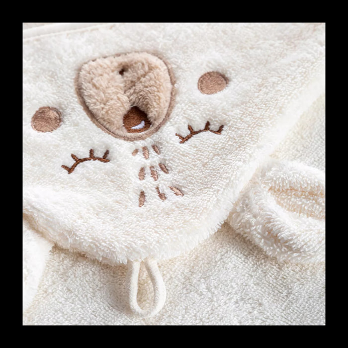 Cape de bain enfant pur coton 500 g/m² brodé beige Petit ours angora