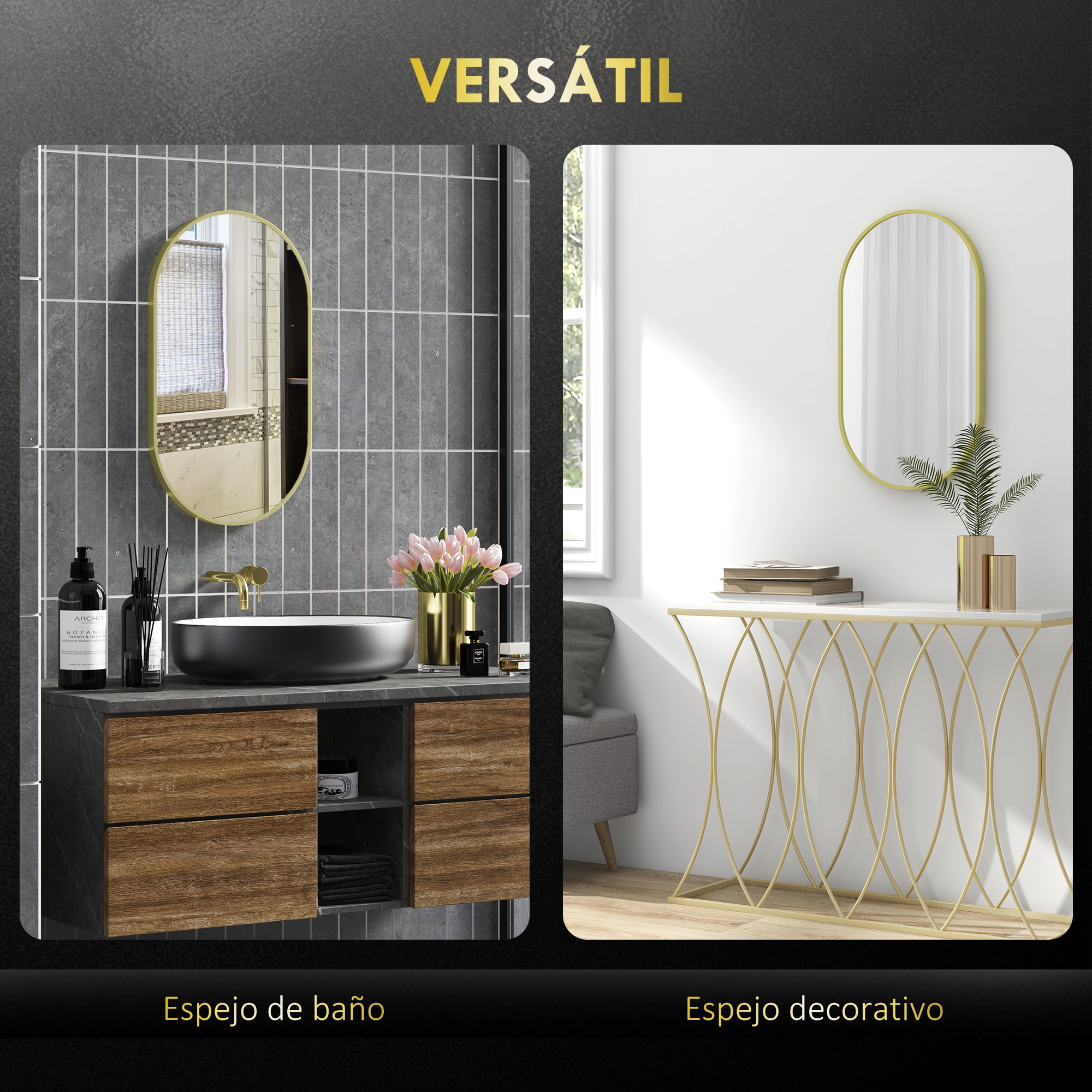 Espejo de Baño Ovalado 40x70 cm con Marco de Aluminio Espejo de Pared Decorativo Horizontal o Vertical para Salón Entrada Pasillo Dorado