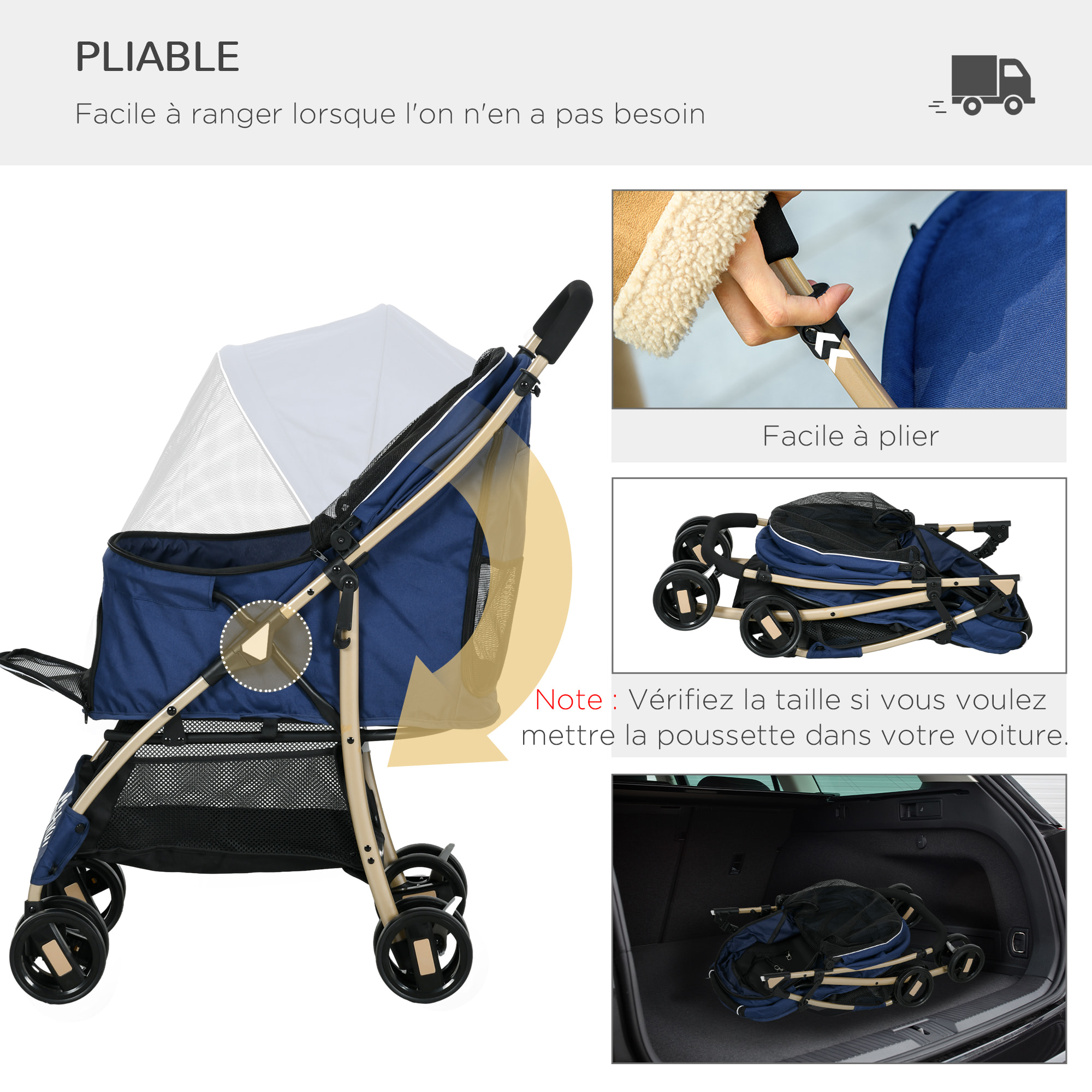 Poussette buggy pliable pour chien rangement laisses coussin inclus bleu