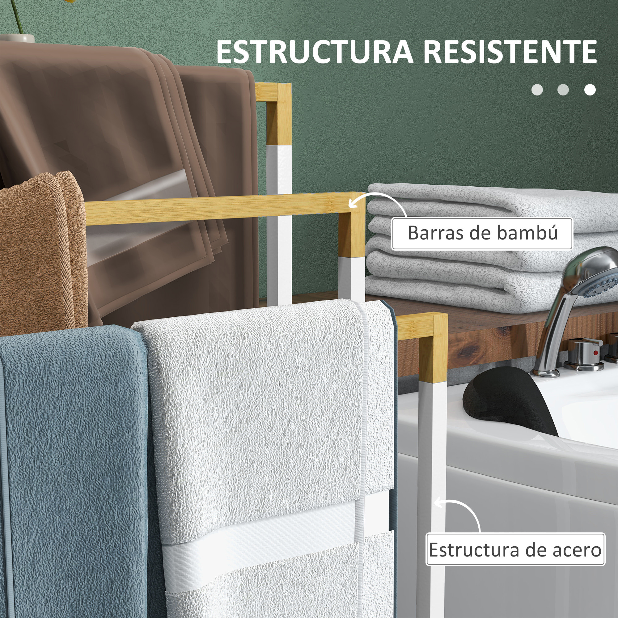 Toallero Escalera de 3 Niveles Toallero de Pie con 3 Barras de Bambú y Marco de Acero Toallero para Baño Lavadero 45x22,5x86 cm Blanco y Natural