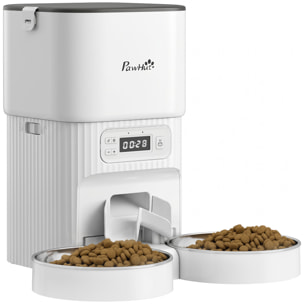 Comedero Gato Automático 4L, Dispensador Comida para Gatos/Perros con 1-6 Comidas al Día, 2 Cuencos de Acero Inoxidable, Antiatascos, 2 Fuentes de Alimentación, Fácil de Limpiar, Blanco